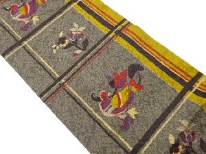 ふくれ織格子に花喰い鳥模様全通袋帯